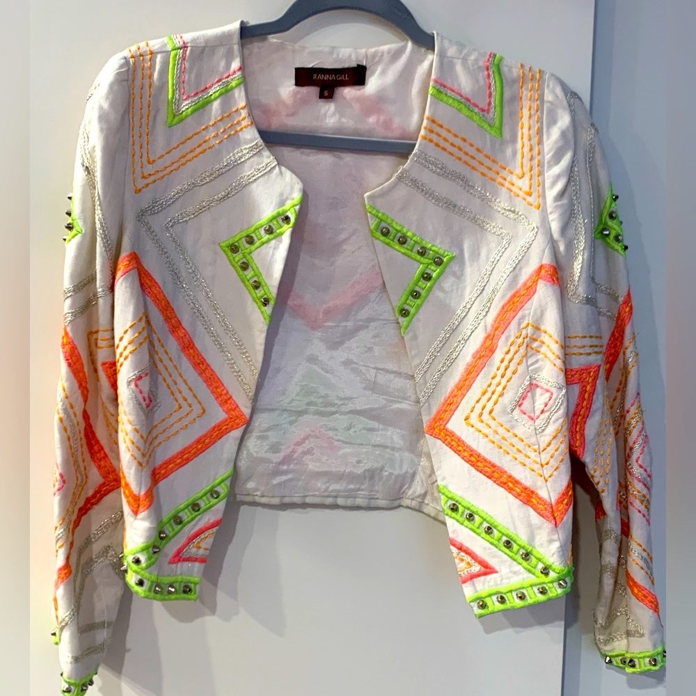 Anthropologie Ranna Gill White Embroidered and Embellished Bolero Jacket S
